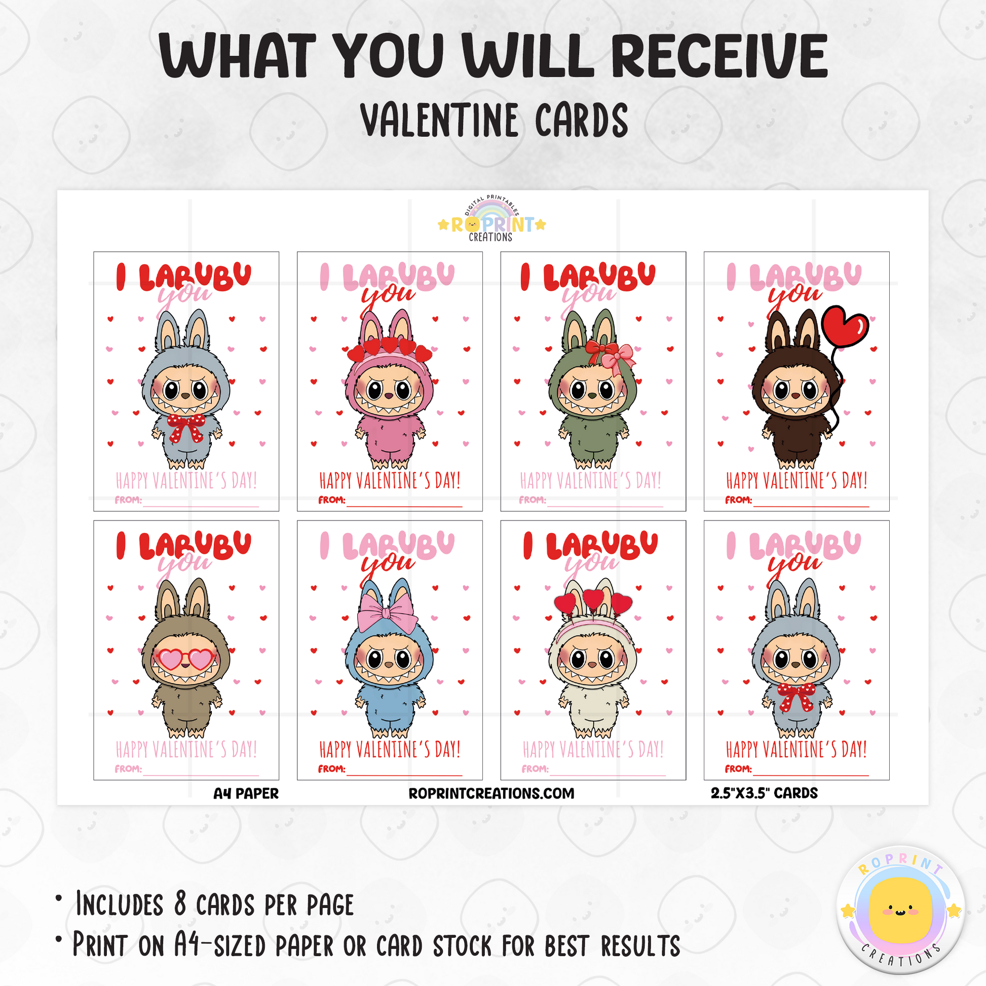 Labubu Valentine cards, printable classroom Valentine cards featuring fun monster designs for kids