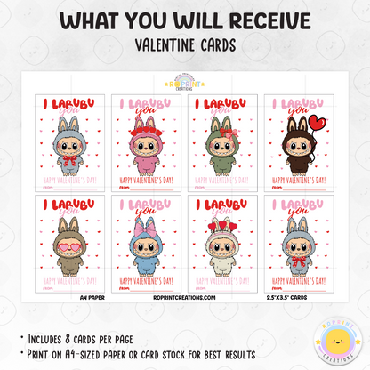 Labubu Valentine cards, printable classroom Valentine cards featuring fun monster designs for kids