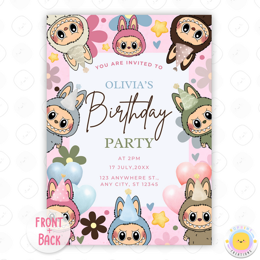 Celebrate with this cute pink Labubu daisy themed invitation. Fully editable in Canva - print at home or share digitally in minutes. Instant download.
