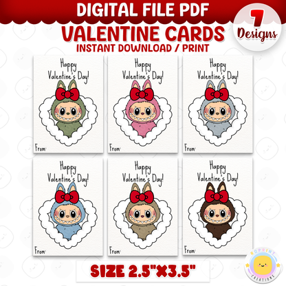 Labubu Valentine cards, printable classroom Valentine cards featuring fun monster designs for kids