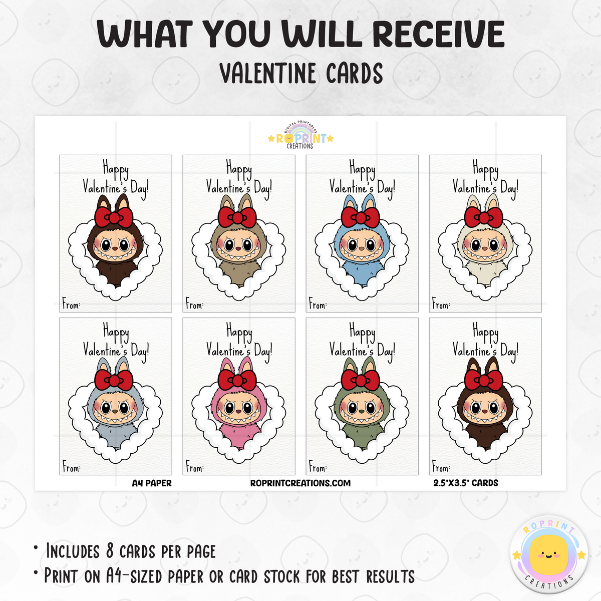 Labubu Valentine cards, printable classroom Valentine cards featuring fun monster designs for kids