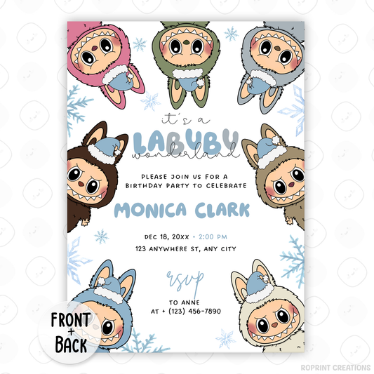 Celebrate the season with this magical Labubu Winter Wonderland birthday invitation! Featuring snowflakes and festive charm, edit easily in Canva and print or share digitally. Instant download