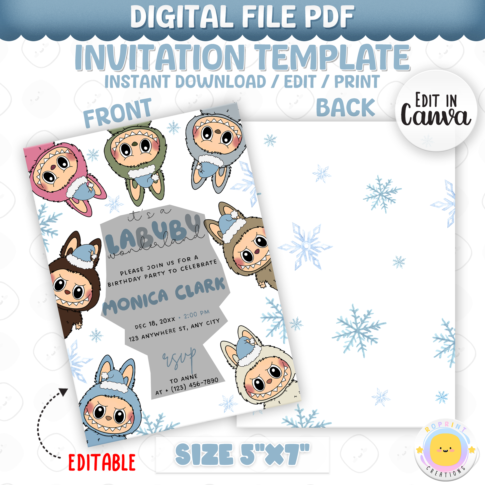 Celebrate the season with this magical Labubu Winter Wonderland birthday invitation! Featuring snowflakes and festive charm, edit easily in Canva and print or share digitally. Instant download