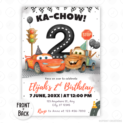 Celebrate your little racer’s big day with this Lightning McQueen 2nd birthday invitation template! Easily customize your party details in Canva, then print or share digitally with friends and family. Perfect for Cars-themed second birthday parties and race car celebrations!