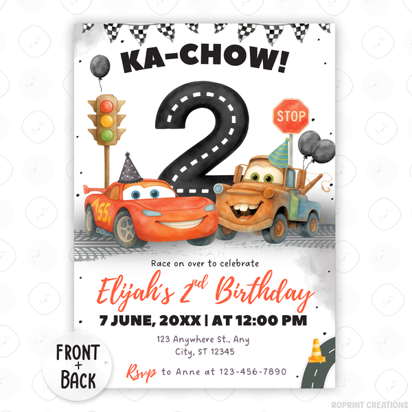 Celebrate your little racer’s big day with this Lightning McQueen 2nd birthday invitation template! Easily customize your party details in Canva, then print or share digitally with friends and family. Perfect for Cars-themed second birthday parties and race car celebrations!