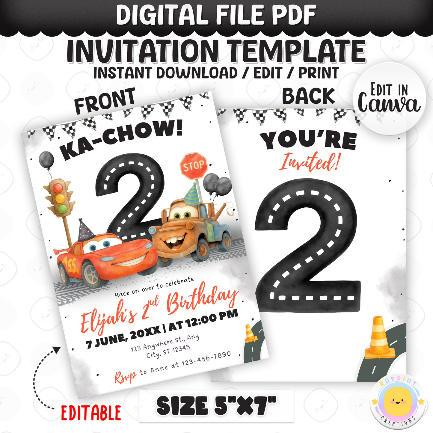Celebrate your little racer’s big day with this Lightning McQueen 2nd birthday invitation template! Easily customize your party details in Canva, then print or share digitally with friends and family. Perfect for Cars-themed second birthday parties and race car celebrations!