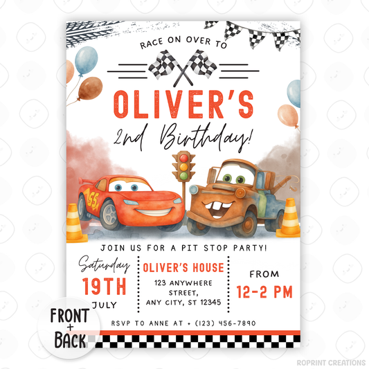 Race on over for an exciting celebration with this Lightning McQueen birthday invitation template! Easily customize your party details in Canva, then print or share digitally with friends and family. Perfect for Cars-themed birthday parties and race car fans!
