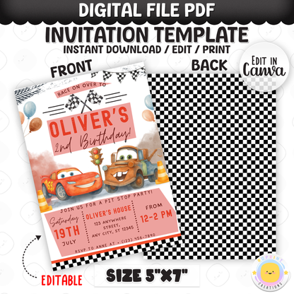 Race on over for an exciting celebration with this Lightning McQueen birthday invitation template! Easily customize your party details in Canva, then print or share digitally with friends and family. Perfect for Cars-themed birthday parties and race car fans!