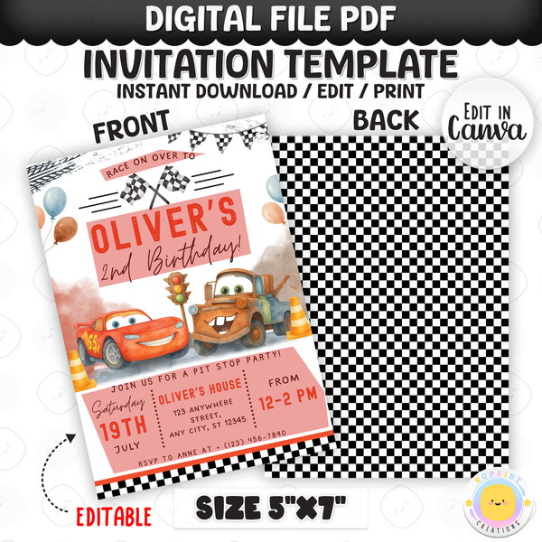 Race on over for an exciting celebration with this Lightning McQueen birthday invitation template! Easily customize your party details in Canva, then print or share digitally with friends and family. Perfect for Cars-themed birthday parties and race car fans!