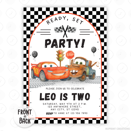 Ready, set, party! Race on over for a fun-filled celebration with this Lightning McQueen birthday invitation template. Easily customize your party details in Canva, then print or share digitally with friends and family. Perfect for Cars-themed birthday parties and race car fans!