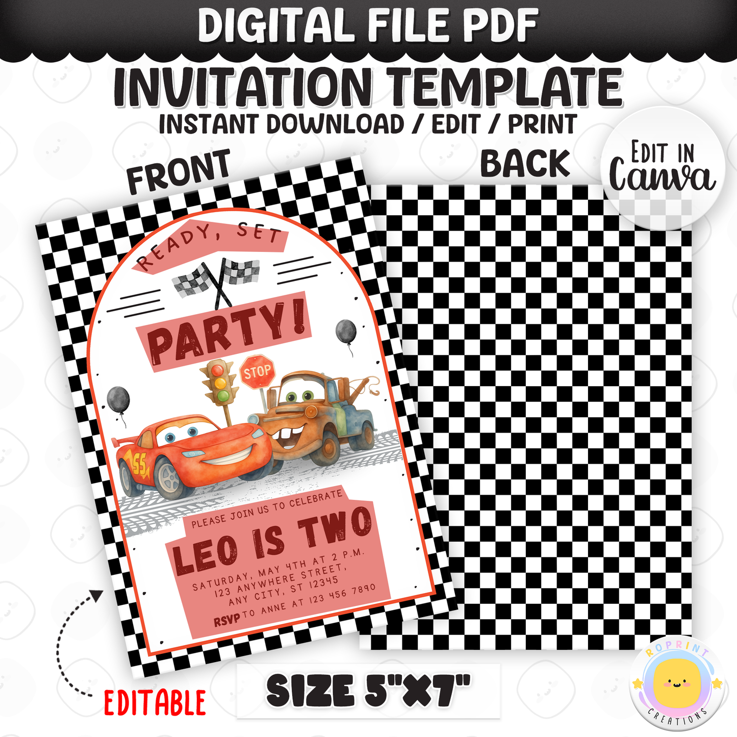 Ready, set, party! Race on over for a fun-filled celebration with this Lightning McQueen birthday invitation template. Easily customize your party details in Canva, then print or share digitally with friends and family. Perfect for Cars-themed birthday parties and race car fans!