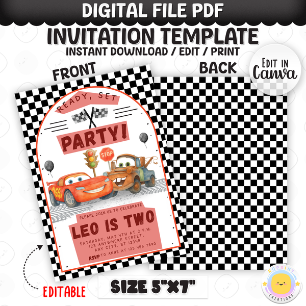 Ready, set, party! Race on over for a fun-filled celebration with this Lightning McQueen birthday invitation template. Easily customize your party details in Canva, then print or share digitally with friends and family. Perfect for Cars-themed birthday parties and race car fans!
