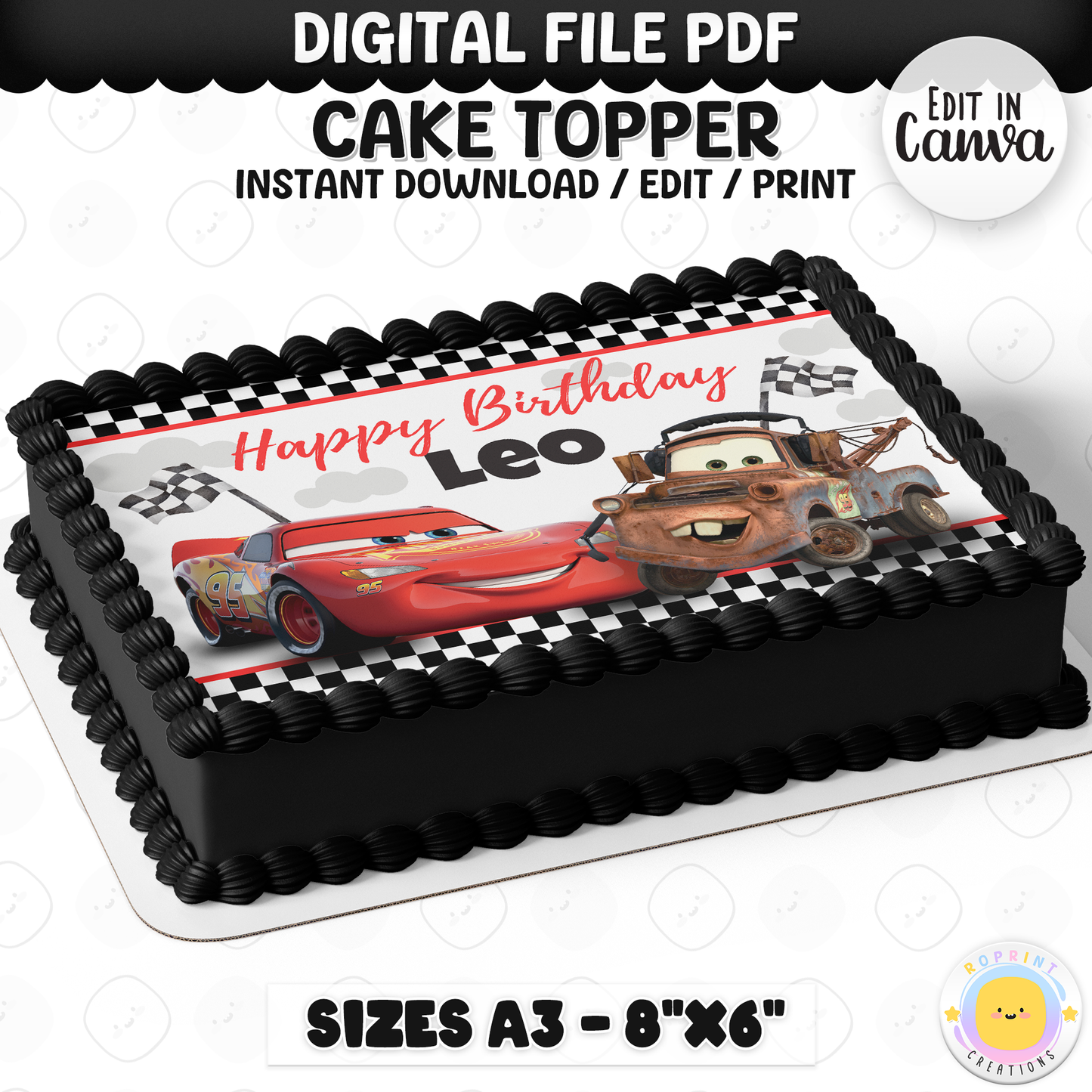 Lightning McQueen Cake Topper - Editable Cars Birthday Cake Decoration