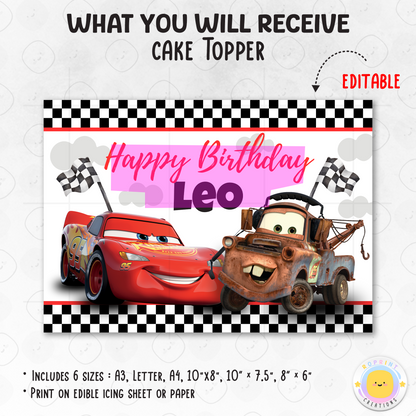 Lightning McQueen Cake Topper - Editable Cars Birthday Cake Decoration