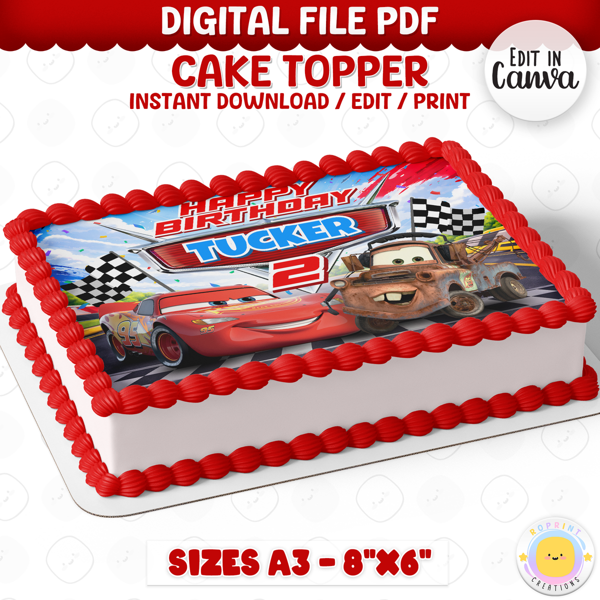 Make your little racer’s 2nd birthday extra special with this Lightning McQueen cake topper! Simply download, edit, and print for a fun Cars-themed cake decoration. 🏁🎂