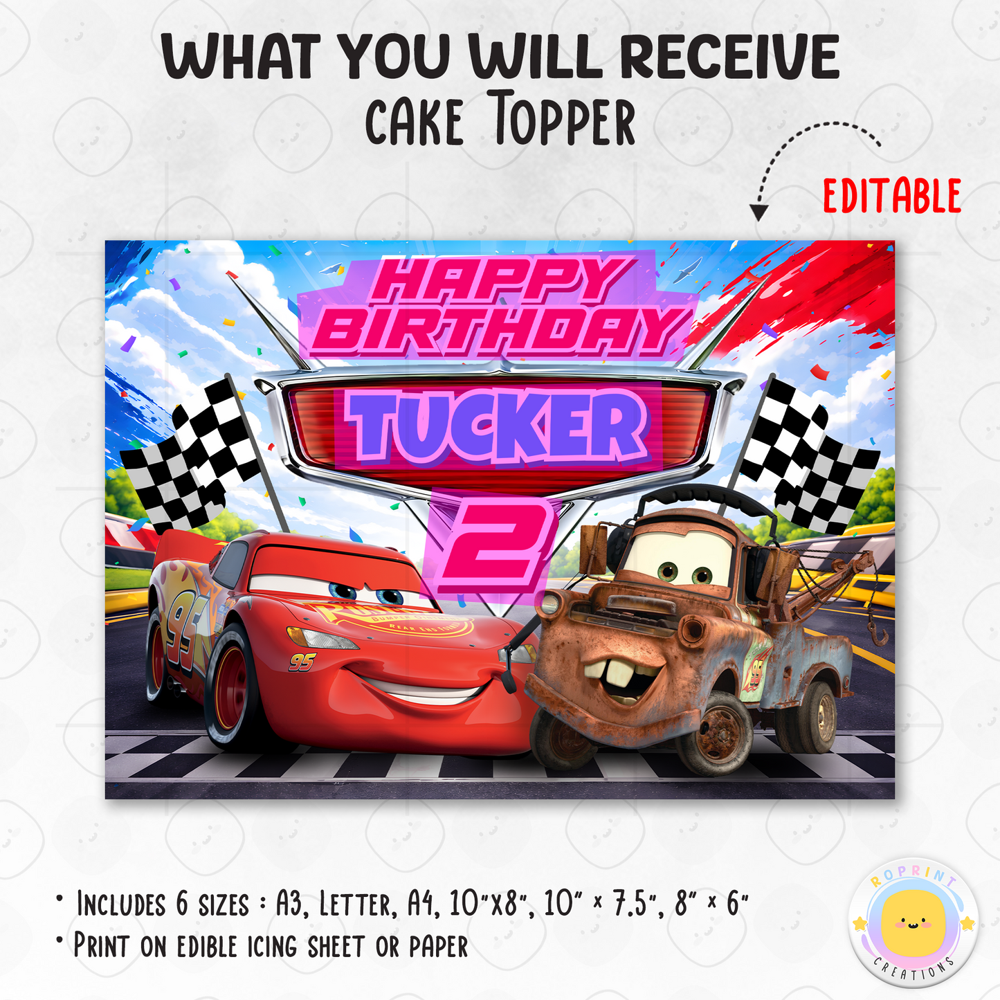 Make your little racer’s 2nd birthday extra special with this Lightning McQueen cake topper! Simply download, edit, and print for a fun Cars-themed cake decoration. 🏁🎂