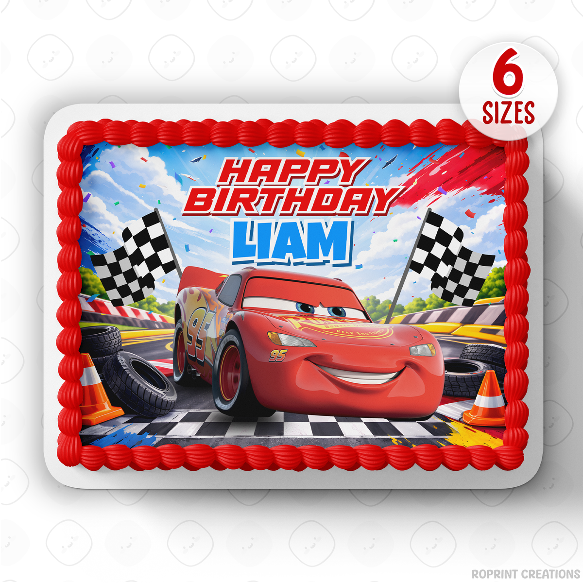 Race into birthday fun with this Lightning McQueen cake topper! Download, edit, and print to create the perfect Cars-themed cake for your celebration. 🏁🎂