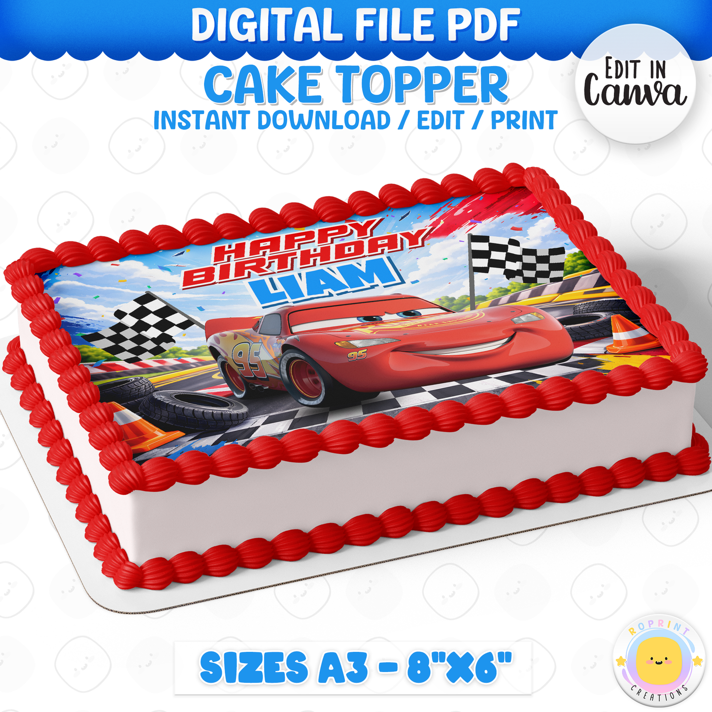 Race into birthday fun with this Lightning McQueen cake topper! Download, edit, and print to create the perfect Cars-themed cake for your celebration. 🏁🎂