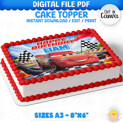 Race into birthday fun with this Lightning McQueen cake topper! Download, edit, and print to create the perfect Cars-themed cake for your celebration. 🏁🎂