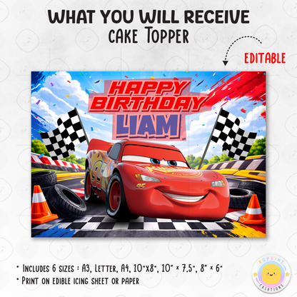 Race into birthday fun with this Lightning McQueen cake topper! Download, edit, and print to create the perfect Cars-themed cake for your celebration. 🏁🎂