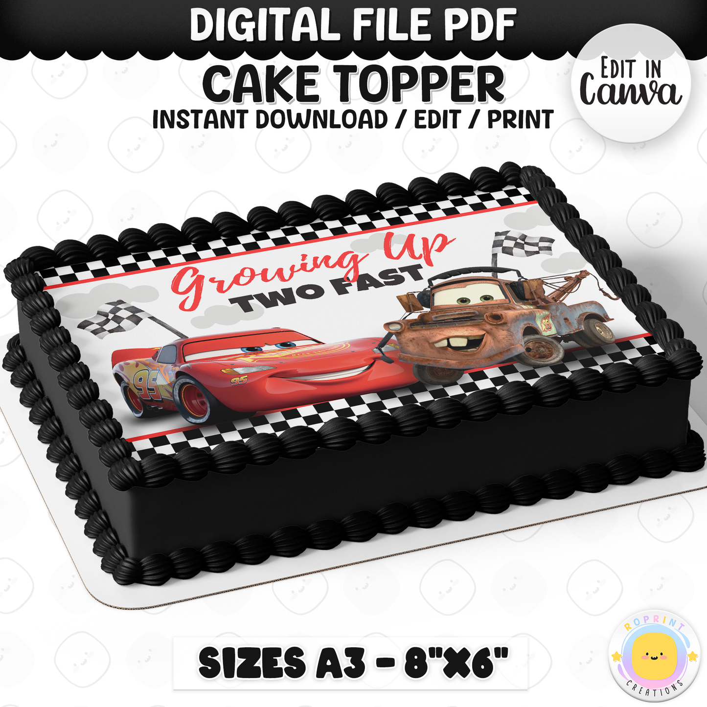 Celebrate your little racer turning two with this Lightning McQueen “Two Fast” cake topper! Easily edit and print to create the perfect Cars-themed birthday cake centerpiece. 🏁🎂
