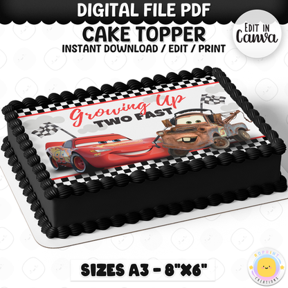 Celebrate your little racer turning two with this Lightning McQueen “Two Fast” cake topper! Easily edit and print to create the perfect Cars-themed birthday cake centerpiece. 🏁🎂
