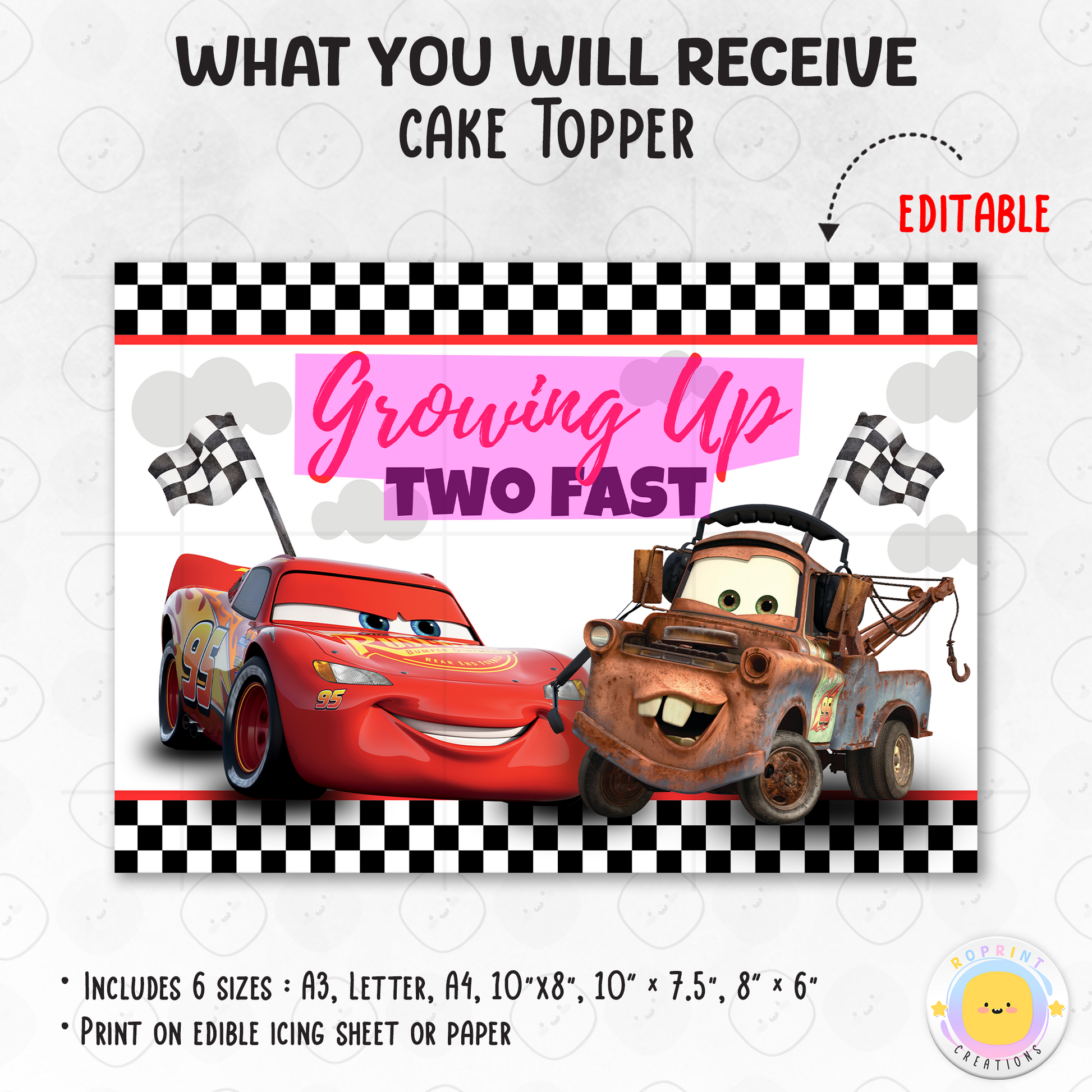 Celebrate your little racer turning two with this Lightning McQueen “Two Fast” cake topper! Easily edit and print to create the perfect Cars-themed birthday cake centerpiece. 🏁🎂

