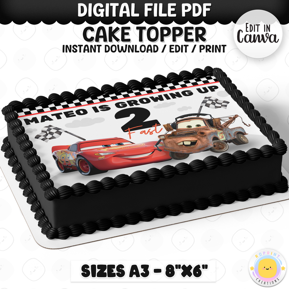 Celebrate turning two in Cars style with this Lightning McQueen “Two Fast” cake topper! Editable and printable for a fun, themed birthday cake centerpiece. 🏁🎂
