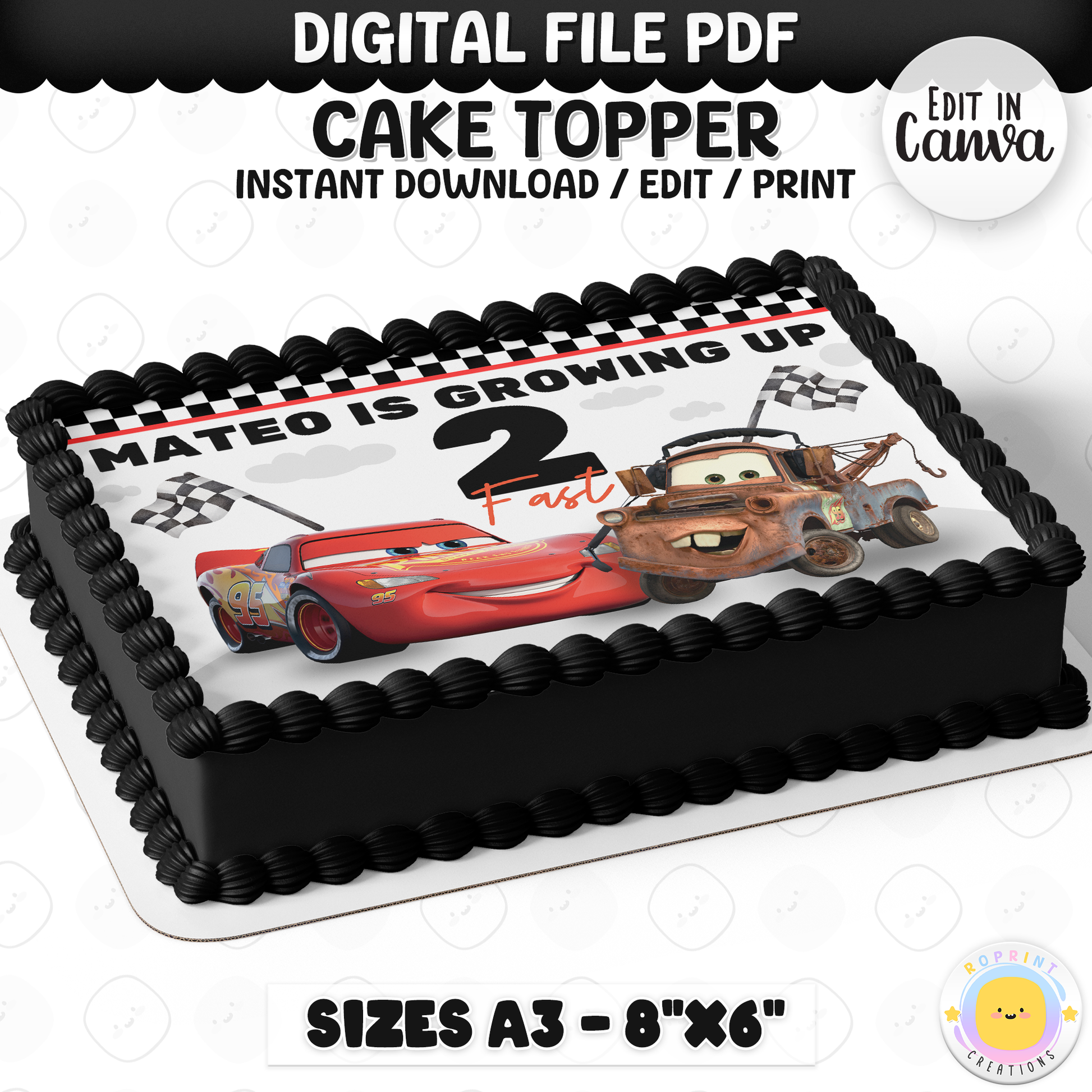 Celebrate turning two in Cars style with this Lightning McQueen “Two Fast” cake topper! Editable and printable for a fun, themed birthday cake centerpiece. 🏁🎂
