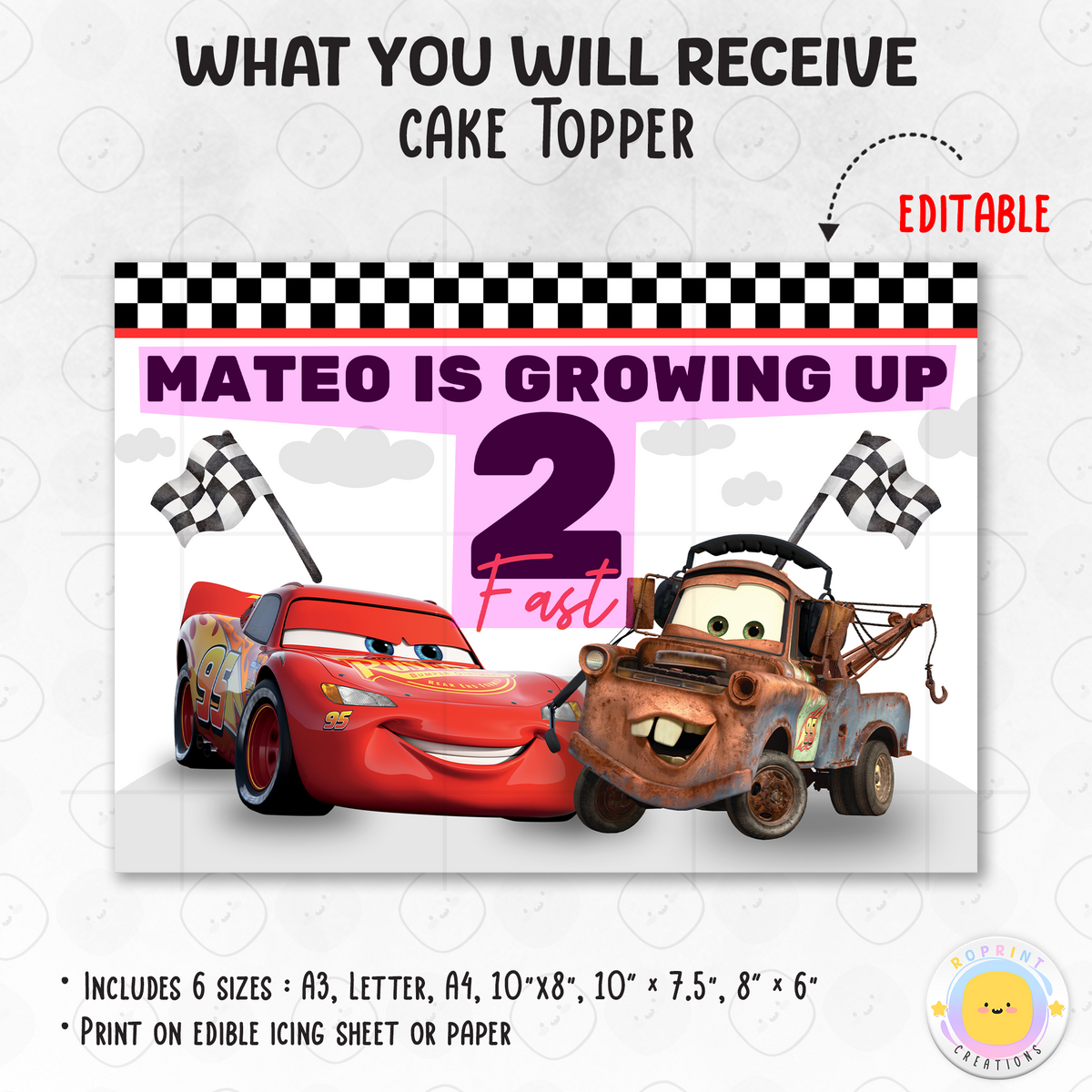 Celebrate turning two in Cars style with this Lightning McQueen “Two Fast” cake topper! Editable and printable for a fun, themed birthday cake centerpiece. 🏁🎂
