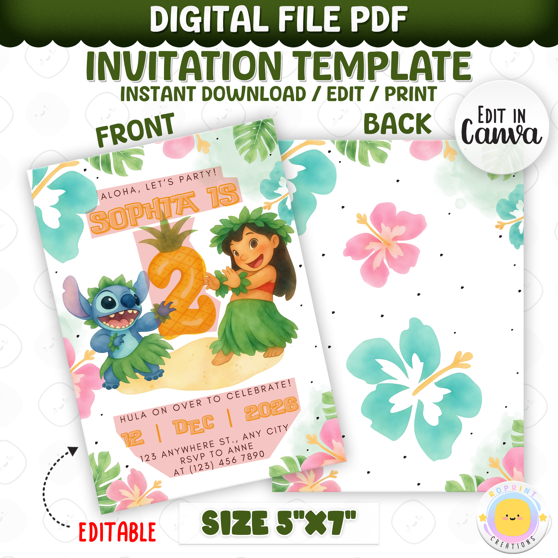 Join us for a tropical celebration with this Stitch birthday invitation template! Easily customize your party details in Canva, then print or share digitally with friends and family. Perfect for Stitch-themed birthday parties and island-inspired celebrations!