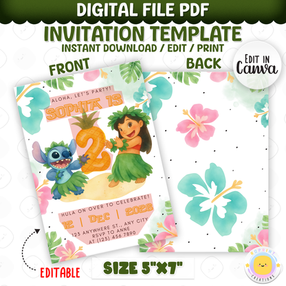 Join us for a tropical celebration with this Stitch birthday invitation template! Easily customize your party details in Canva, then print or share digitally with friends and family. Perfect for Stitch-themed birthday parties and island-inspired celebrations!