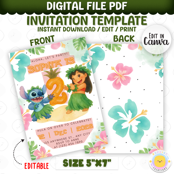 Join us for a tropical celebration with this Stitch birthday invitation template! Easily customize your party details in Canva, then print or share digitally with friends and family. Perfect for Stitch-themed birthday parties and island-inspired celebrations!