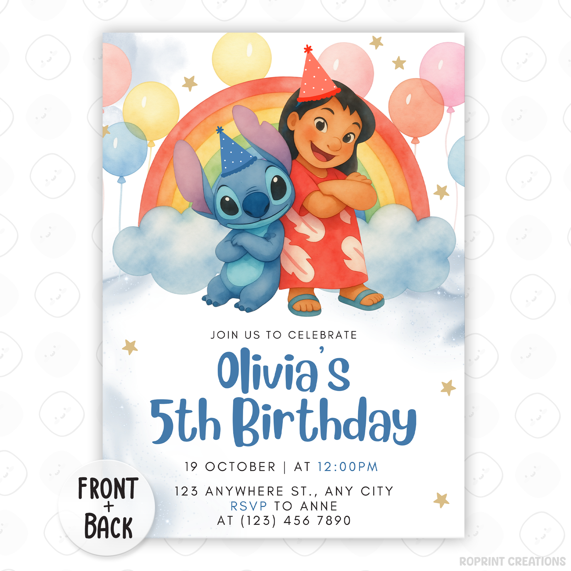 Celebrate with this fun Lilo & Stitch birthday invitation template featuring rainbow and balloon details! Easily customize your party information in Canva, then print or share digitally with friends and family. Perfect for Stitch-themed birthday parties and colorful tropical celebrations!