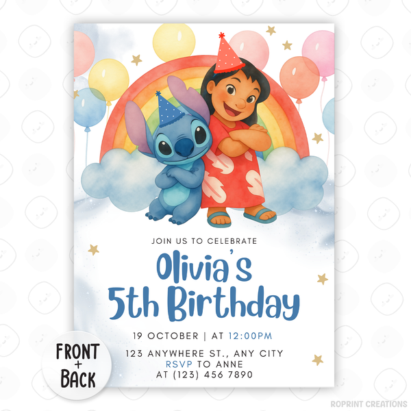 Celebrate with this fun Lilo & Stitch birthday invitation template featuring rainbow and balloon details! Easily customize your party information in Canva, then print or share digitally with friends and family. Perfect for Stitch-themed birthday parties and colorful tropical celebrations!