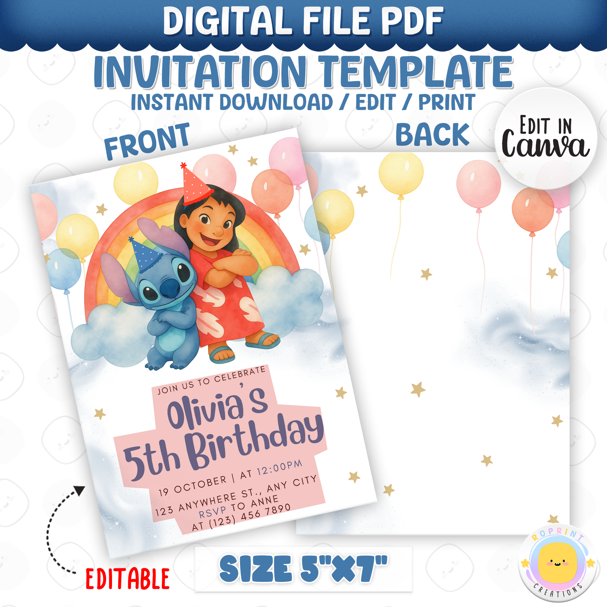 Celebrate with this fun Lilo & Stitch birthday invitation template featuring rainbow and balloon details! Easily customize your party information in Canva, then print or share digitally with friends and family. Perfect for Stitch-themed birthday parties and colorful tropical celebrations!