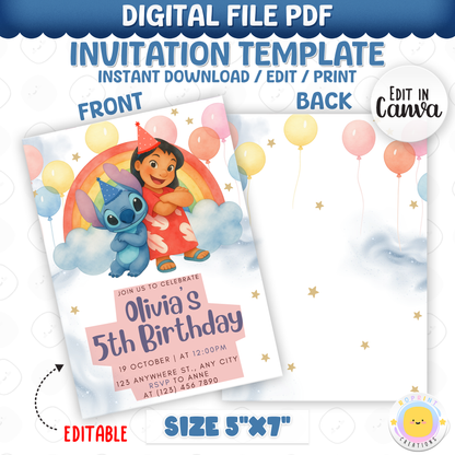 Celebrate with this fun Lilo & Stitch birthday invitation template featuring rainbow and balloon details! Easily customize your party information in Canva, then print or share digitally with friends and family. Perfect for Stitch-themed birthday parties and colorful tropical celebrations!