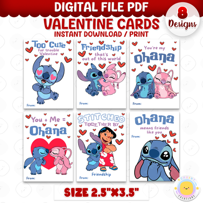Lilo and Stitch Valentine cards, printable classroom Valentine cards featuring Stitch for kids