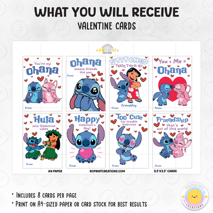 Lilo and Stitch Valentine cards, printable classroom Valentine cards featuring Stitch for kids