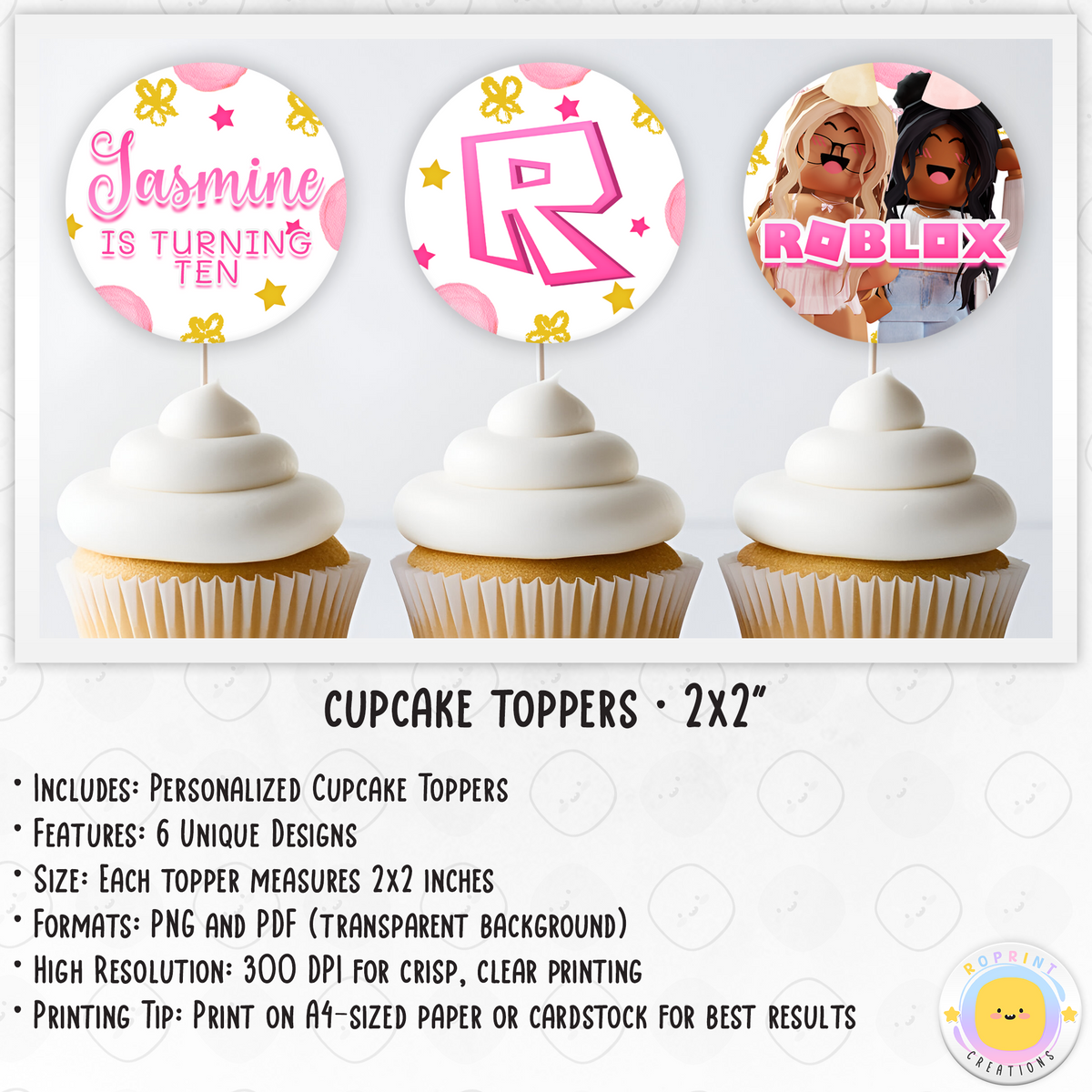 Personalized Roblox Girl Birthday Cupcake Toppers - Editable Roblox Pink Cupcake Toppers