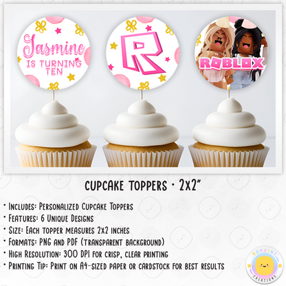 Personalized Roblox Girl Birthday Cupcake Toppers - Editable Roblox Pink Cupcake Toppers