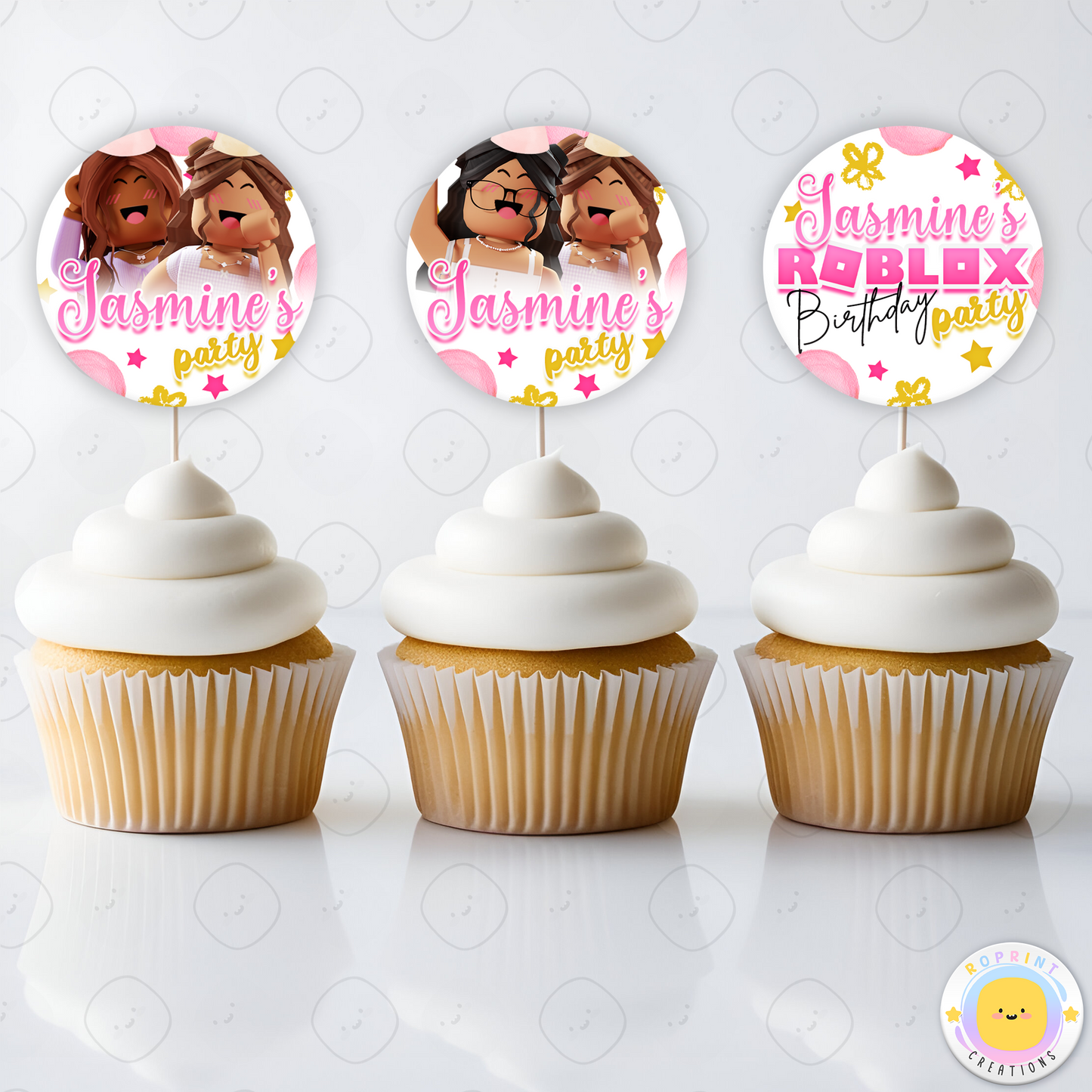 Personalized Roblox Girl Birthday Cupcake Toppers - Editable Roblox Pink Cupcake Toppers