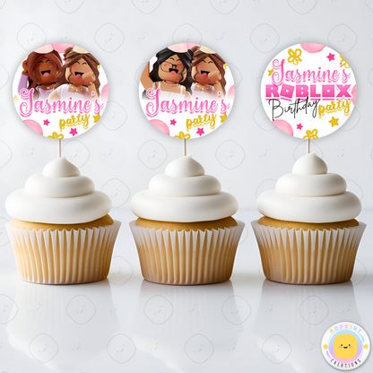 Personalized Roblox Girl Birthday Cupcake Toppers - Editable Roblox Pink Cupcake Toppers