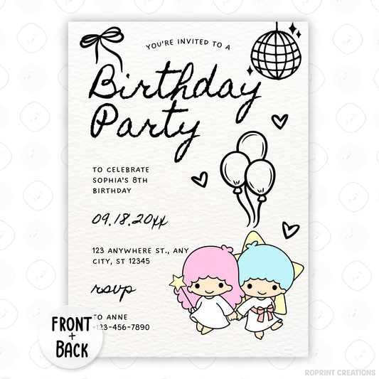 Celebrate with Little Twin Stars! This cute birthday invitation is fully editable in Canva—print at home or share digitally for a fun party surprise. Instant download