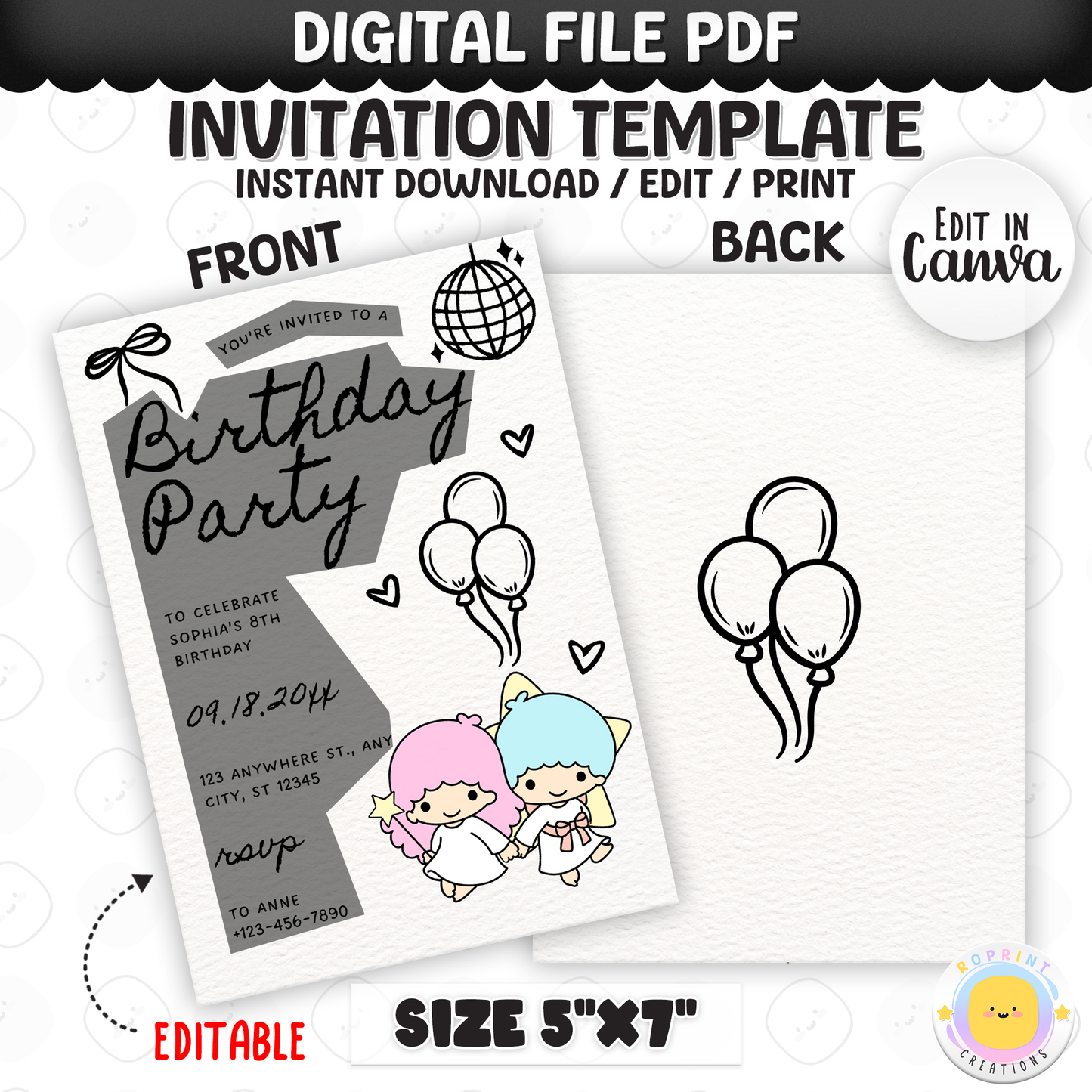 Celebrate with Little Twin Stars! This cute birthday invitation is fully editable in Canva—print at home or share digitally for a fun party surprise. Instant download