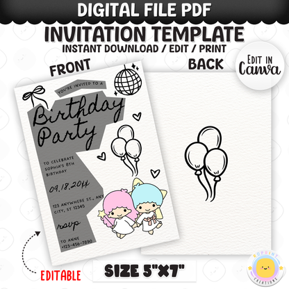 Celebrate with Little Twin Stars! This cute birthday invitation is fully editable in Canva—print at home or share digitally for a fun party surprise. Instant download