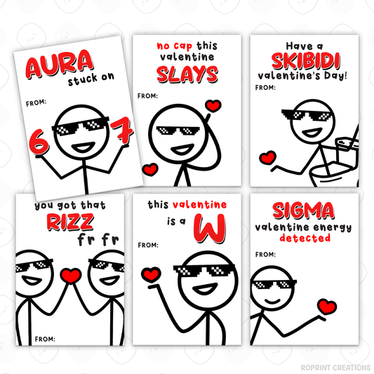 Funny slang Valentine cards for kids, printable classroom Valentine exchange cards with 16 Gen Z and Gen Alpha designs, 67 Meme Valentine Cards