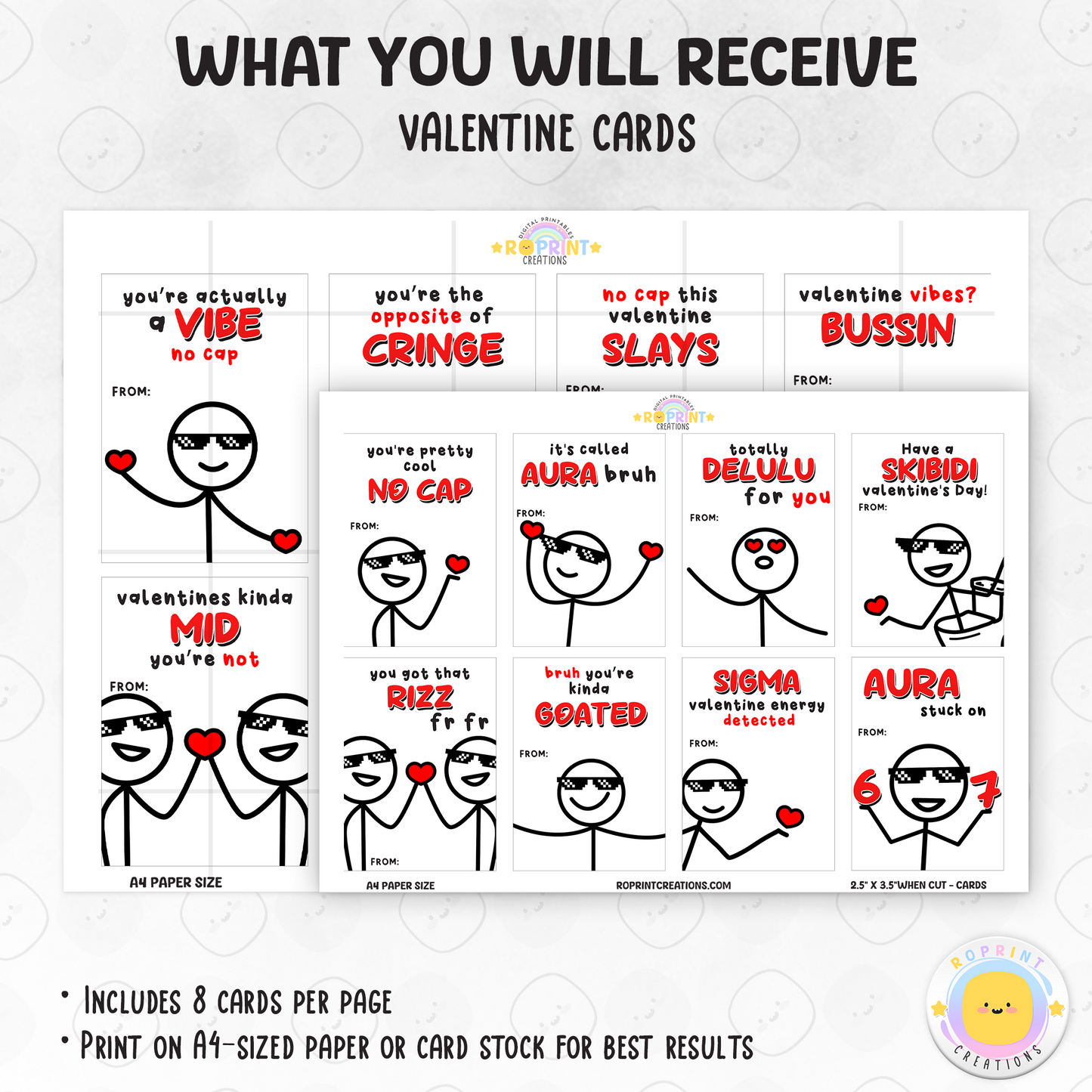 Funny slang Valentine cards for kids, printable classroom Valentine exchange cards with 16 Gen Z and Gen Alpha designs, 67 Meme Valentine Cards