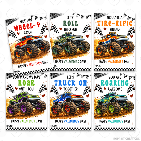Monster truck Valentine cards for kids, printable truck classroom Valentine exchange cards