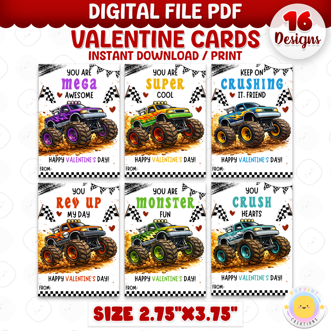 Monster Truck Valentine Cards for Kids - Printable Truck Classroom ...